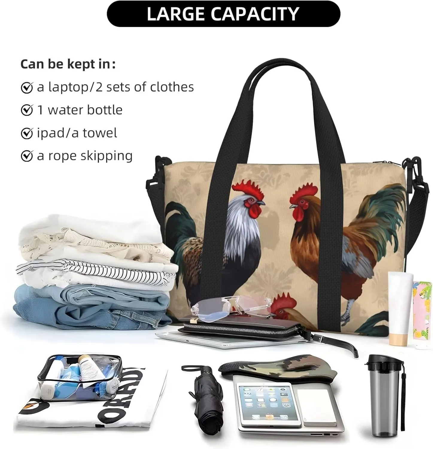 Sports Gym Bag for Women Men Travel Duffel Bag Tote Rooster and Chicken Print Weekender Bag Canvas Carry on Overnight Bag for Travel Swimming Fitness Workout Sports Duffle Bag