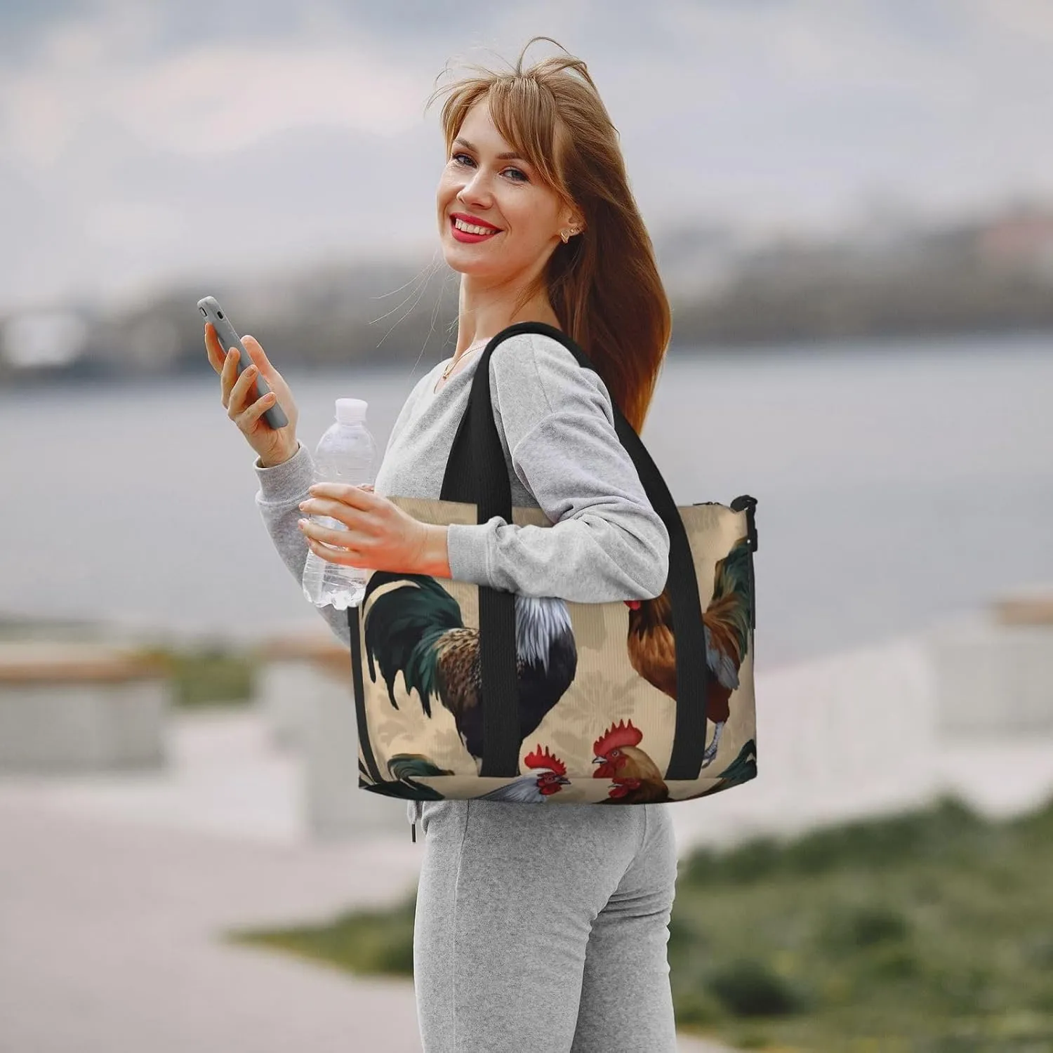 Sports Gym Bag for Women Men Travel Duffel Bag Tote Rooster and Chicken Print Weekender Bag Canvas Carry on Overnight Bag for Travel Swimming Fitness Workout Sports Duffle Bag
