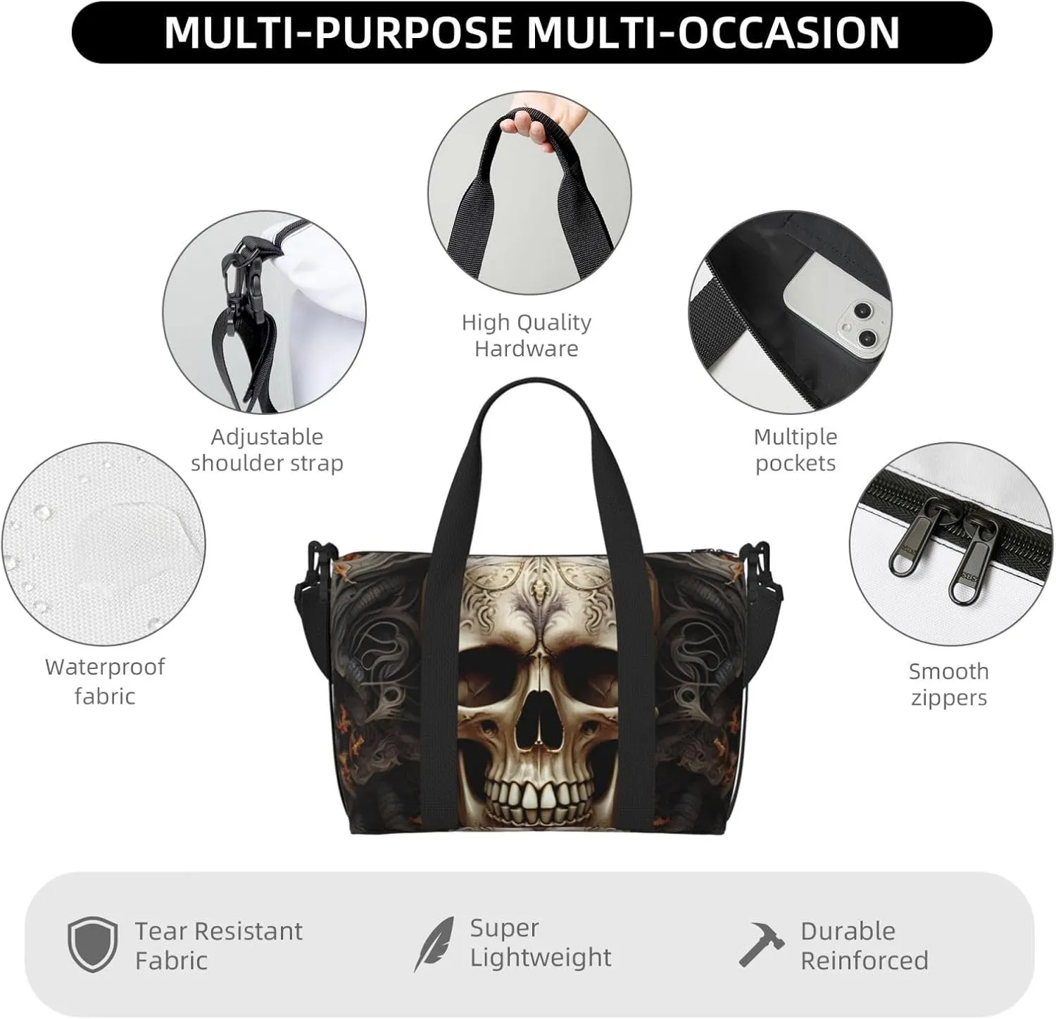 Sports Gym Bag for Women Men Travel Duffel Bag Tote Skulls Weekender Bag Canvas Carry on Overnight Bag for Travel Swimming Fitness Workout Sports Duffle Bag