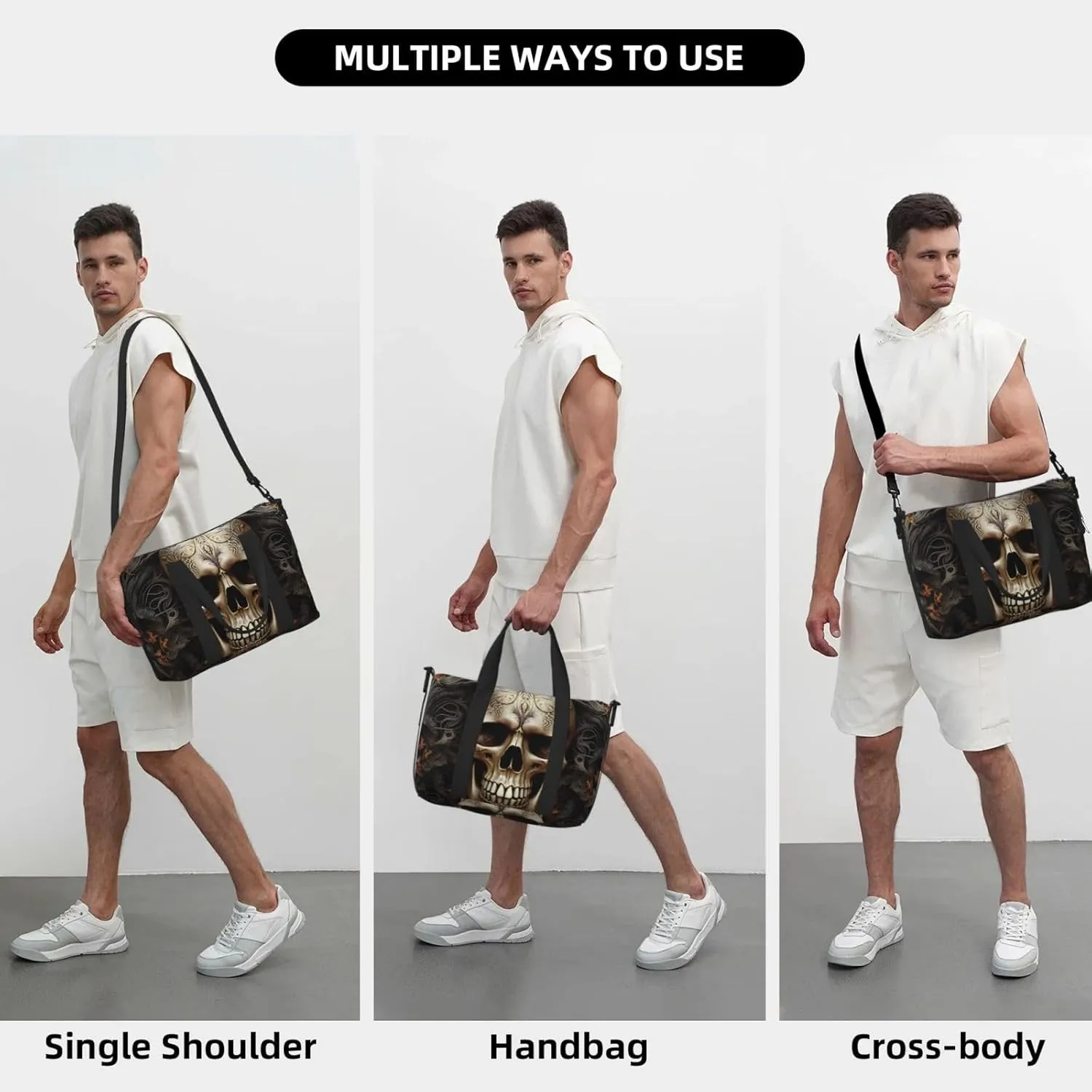 Sports Gym Bag for Women Men Travel Duffel Bag Tote Skulls Weekender Bag Canvas Carry on Overnight Bag for Travel Swimming Fitness Workout Sports Duffle Bag