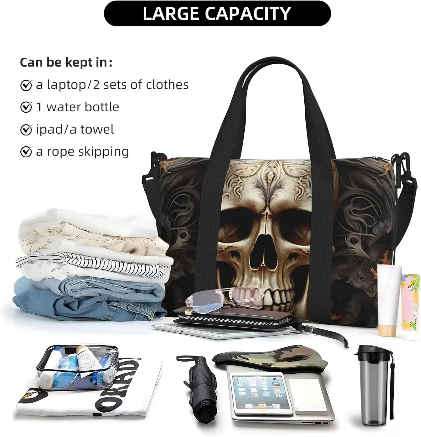 Sports Gym Bag for Women Men Travel Duffel Bag Tote Skulls Weekender Bag Canvas Carry on Overnight Bag for Travel Swimming Fitness Workout Sports Duffle Bag