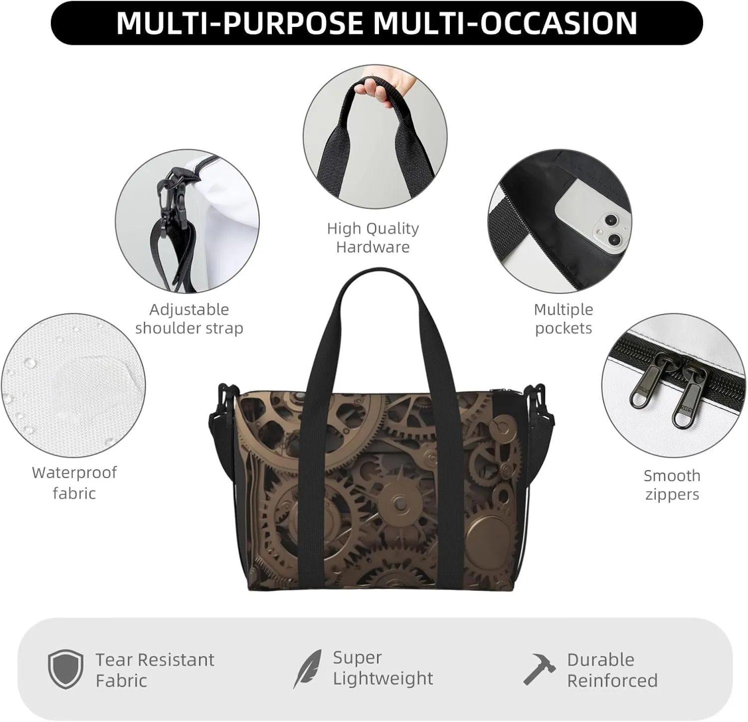 Sports Gym Bag for Women Men Travel Duffel Bag Tote Steampunk Mechanical Gears Weekender Bag Canvas Carry on Overnight Bag for Travel Swimming Fitness Workout Sports Duffle Bag