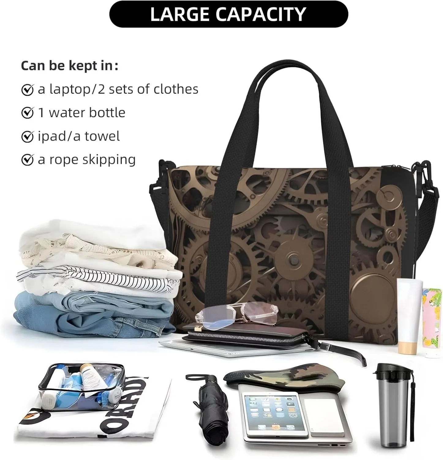 Sports Gym Bag for Women Men Travel Duffel Bag Tote Steampunk Mechanical Gears Weekender Bag Canvas Carry on Overnight Bag for Travel Swimming Fitness Workout Sports Duffle Bag