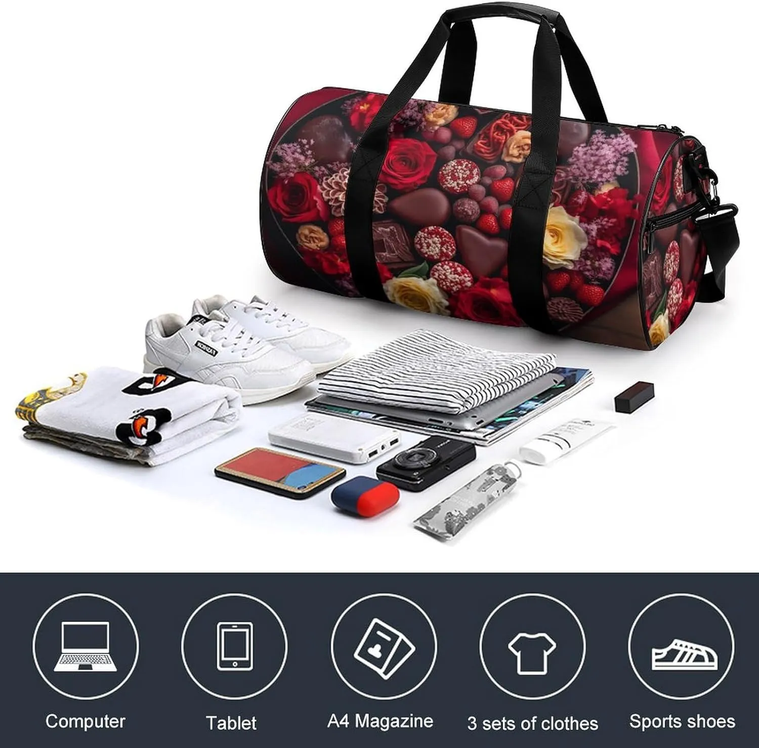 Sports Gym Bag for Women Men Travel Duffel Bag Tote Weekender Bag Chocolates And Flowers Carry on Overnight Bag for Travel Swimming Fitness Workout Sports Duffle Bag
