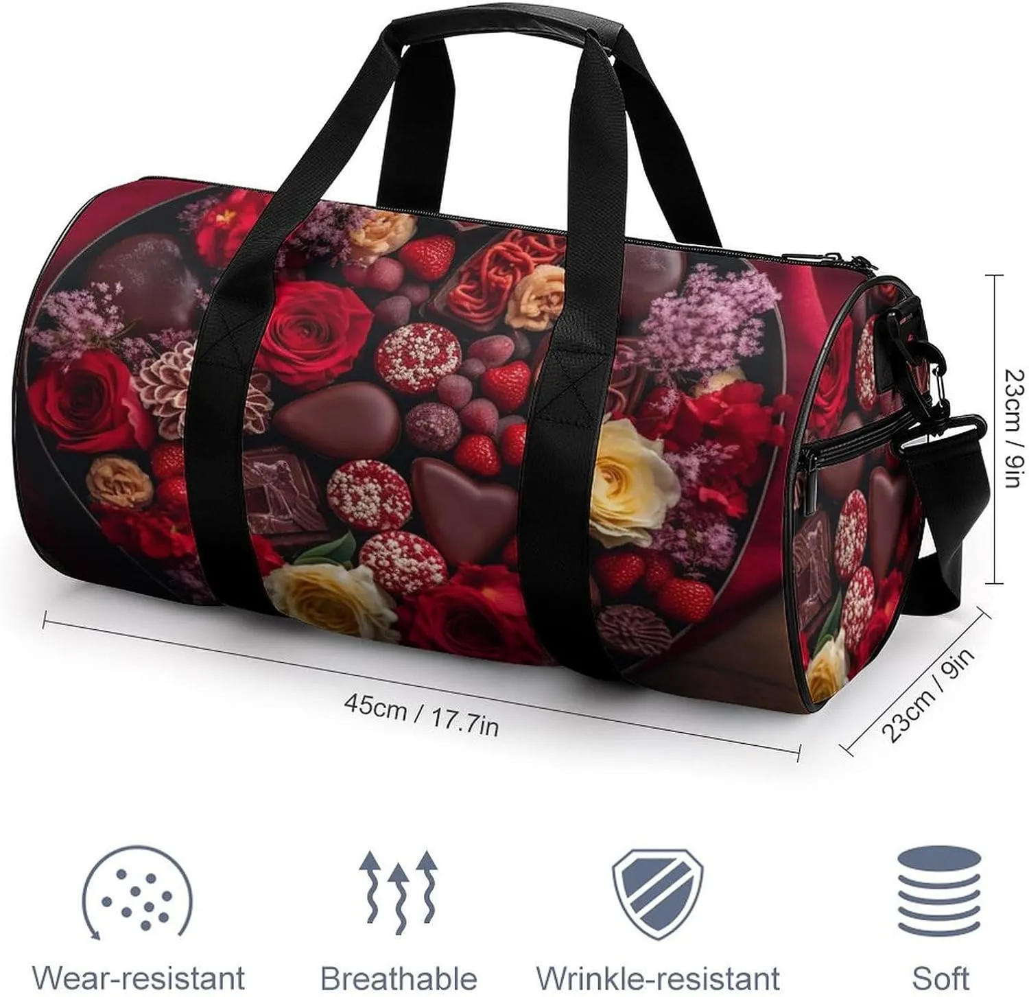 Sports Gym Bag for Women Men Travel Duffel Bag Tote Weekender Bag Chocolates And Flowers Carry on Overnight Bag for Travel Swimming Fitness Workout Sports Duffle Bag