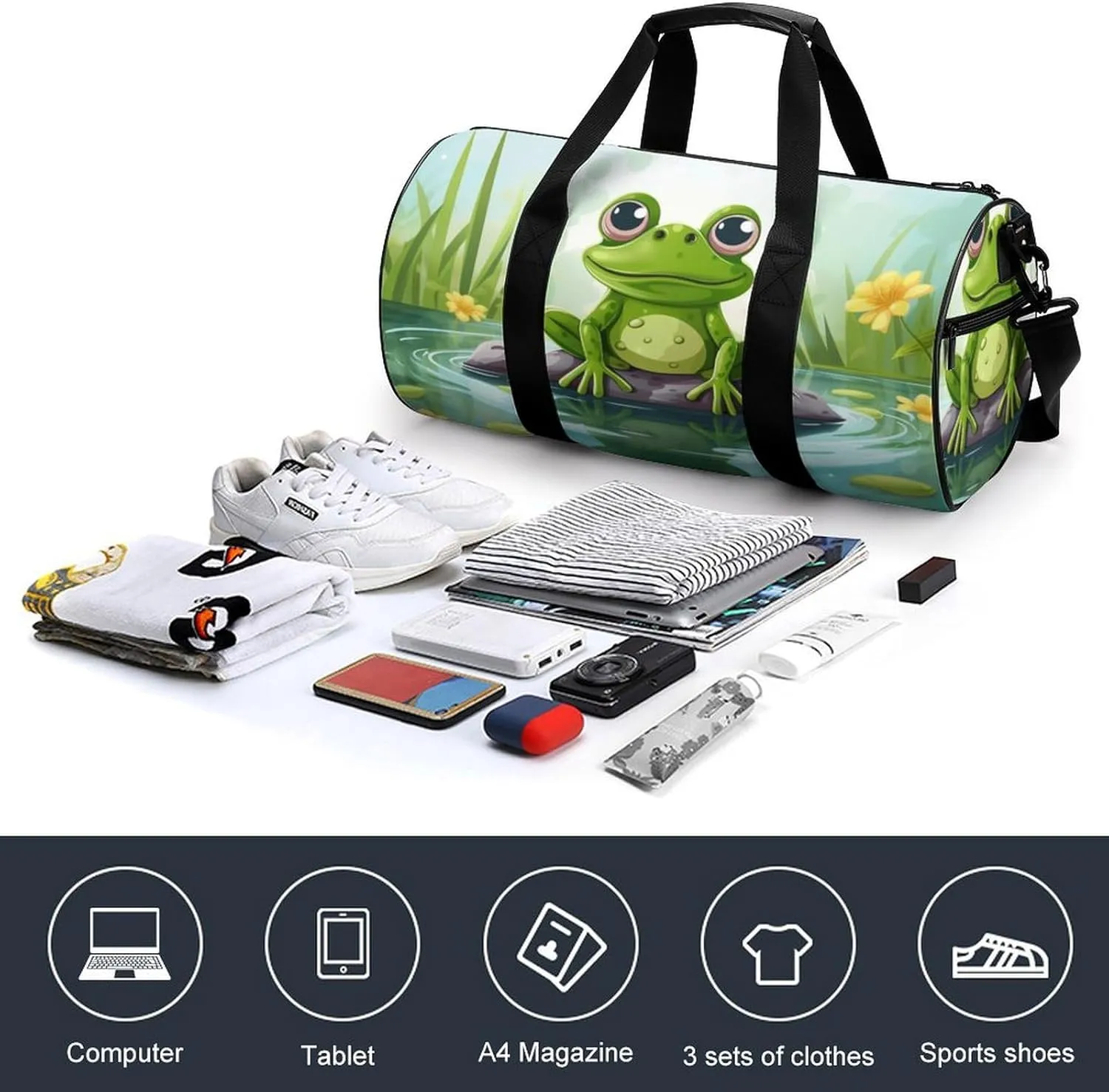 Sports Gym Bag for Women Men Travel Duffel Bag Tote Weekender Bag Frog In A Pond Carry on Overnight Bag for Travel Swimming Fitness Workout Sports Duffle Bag