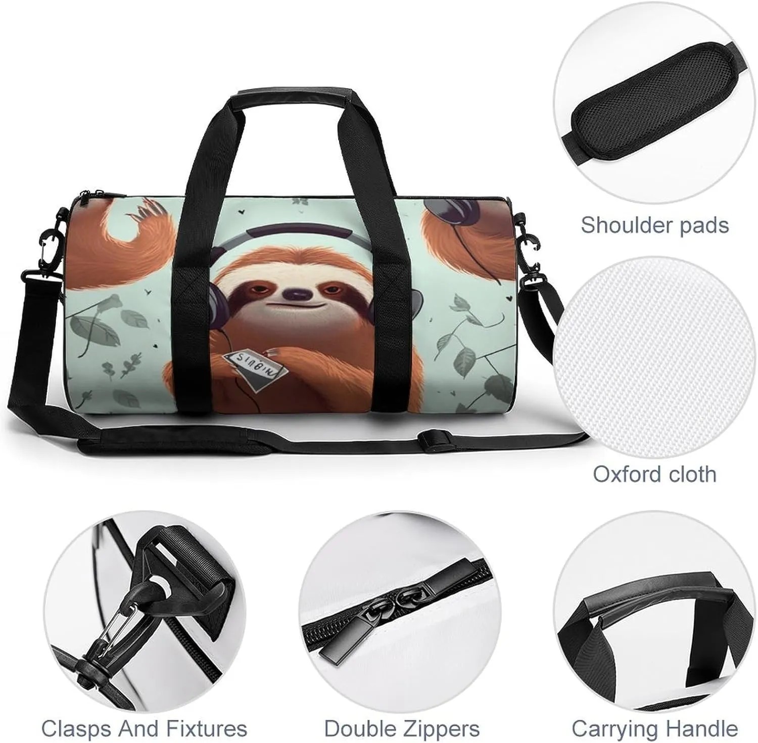 Sports Gym Bag for Women Men Travel Duffel Bag Tote Weekender Bag Funny Cute Animal Sloth Music Carry on Overnight Bag for Travel Swimming Fitness Workout Sports Duffle Bag