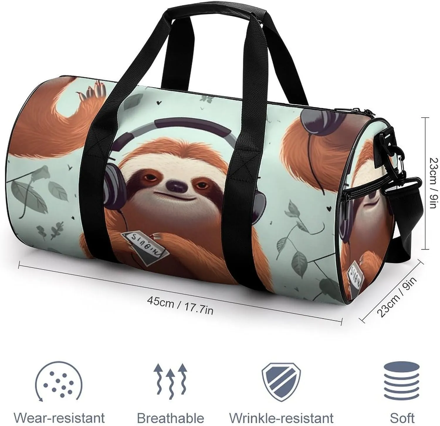 Sports Gym Bag for Women Men Travel Duffel Bag Tote Weekender Bag Funny Cute Animal Sloth Music Carry on Overnight Bag for Travel Swimming Fitness Workout Sports Duffle Bag