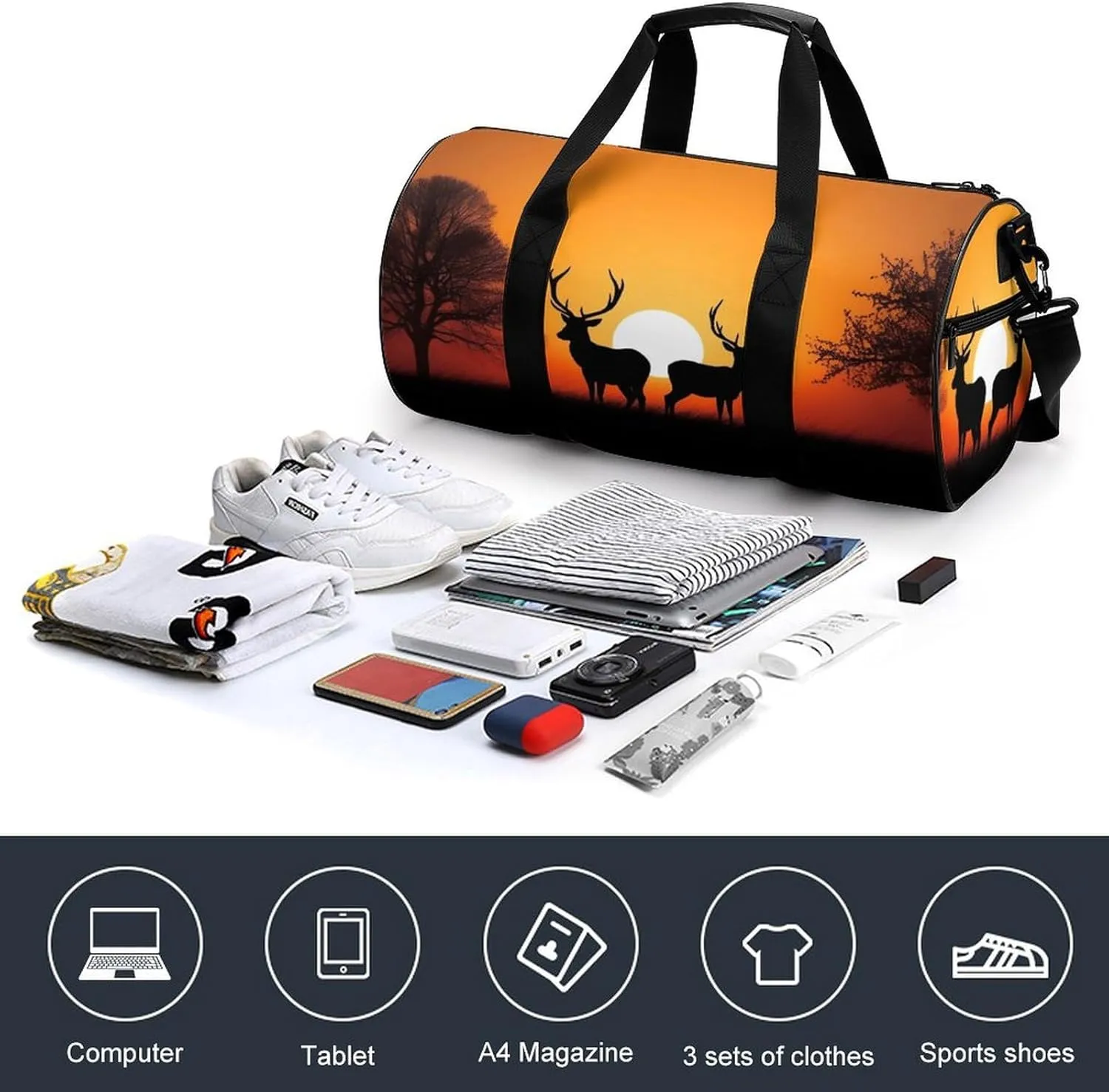 Sports Gym Bag for Women Men Travel Duffel Bag Tote Weekender Bag Nature Sunset Deer Carry on Overnight Bag for Travel Swimming Fitness Workout Sports Duffle Bag