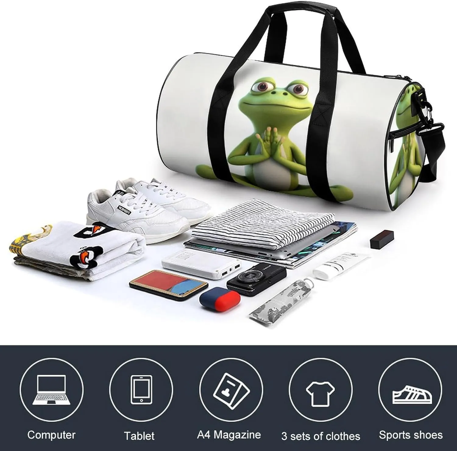 Sports Gym Bag for Women Men Travel Duffel Bag Tote Weekender Bag The Funny Frog Doing Yoga Carry on Overnight Bag for Travel Swimming Fitness Workout Sports Duffle Bag