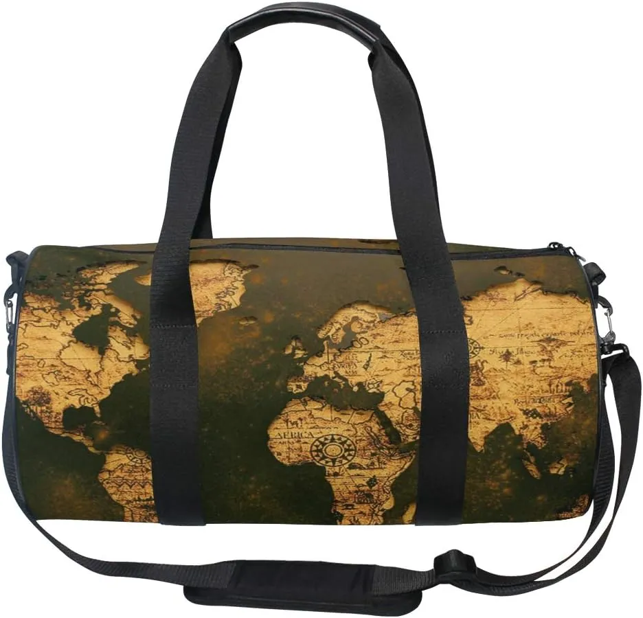 Sports Gym Duffle Bag Brown Old World Map Travel Luggage for Men Women