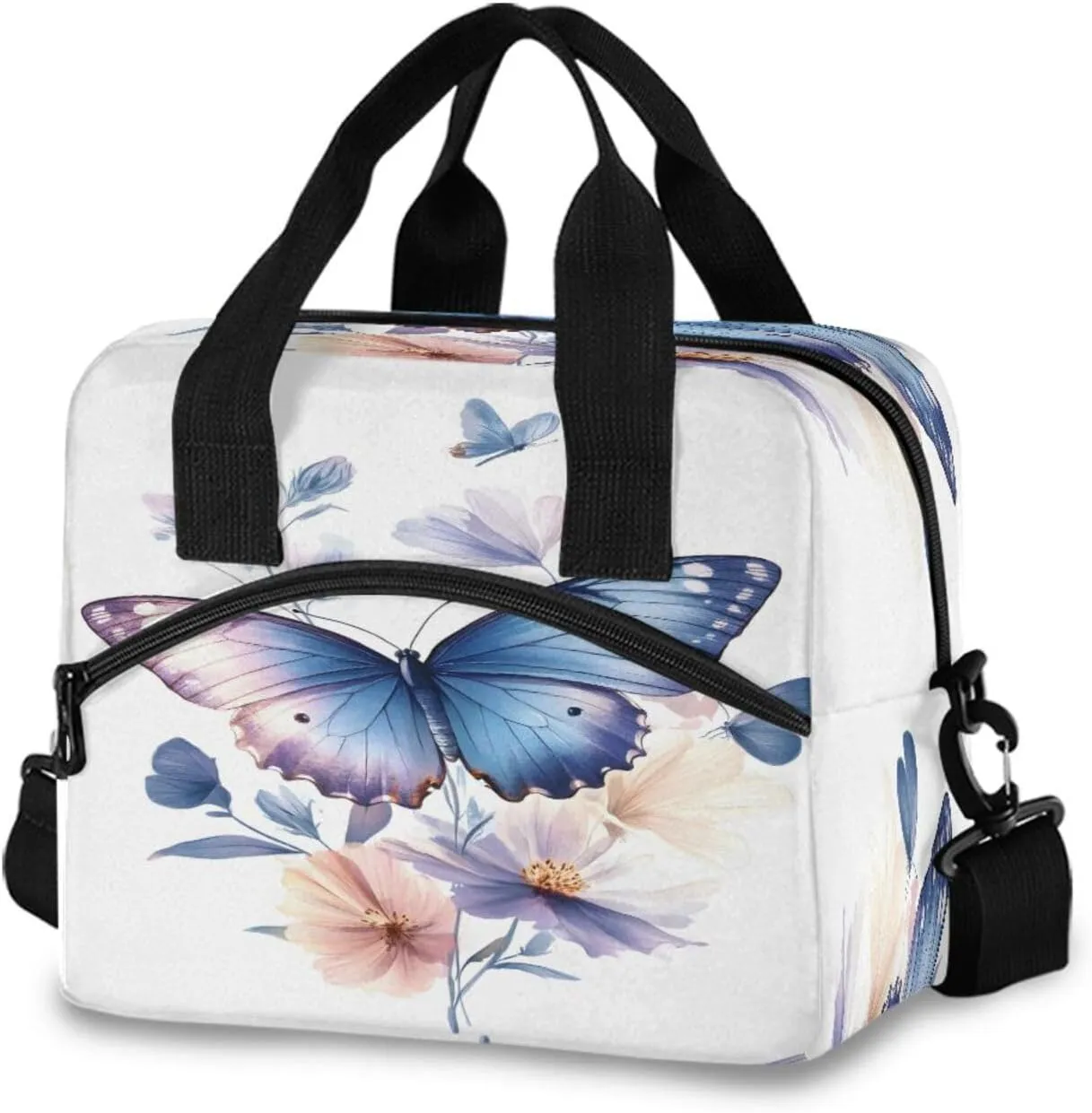 Spring Flower Blue Butterfly Surrounded Lunch Box for Men Women Adults Insulated Lunch Bag Cooler Bag with Adjustable Shoulder Strap for Work Picnic Travel