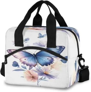 Spring Flower Blue Butterfly Surrounded Lunch Box for Men Women Adults Insulated Lunch Bag Cooler Bag with Adjustable Shoulder Strap for Work Picnic Travel