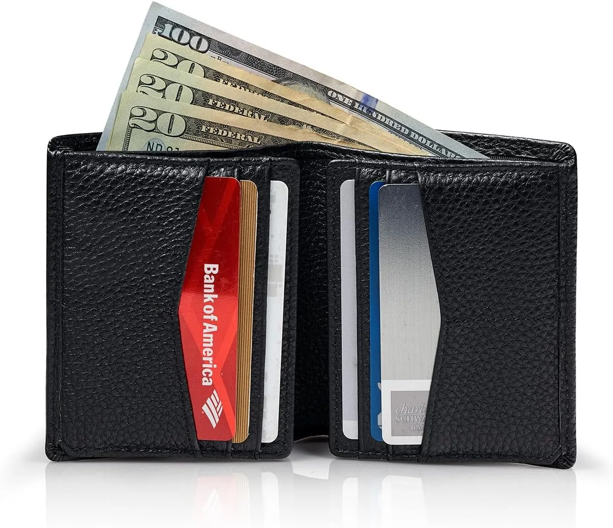 Stealth Mode Quad-Fold Leather Wallet for Men - RFID Mens Wallet with 14 Card Slots, 2 ID Windows, Dual Cash Compartment - Genuine Leather, RFID Blocking Technology, Gift-Ready Packaging (Black)