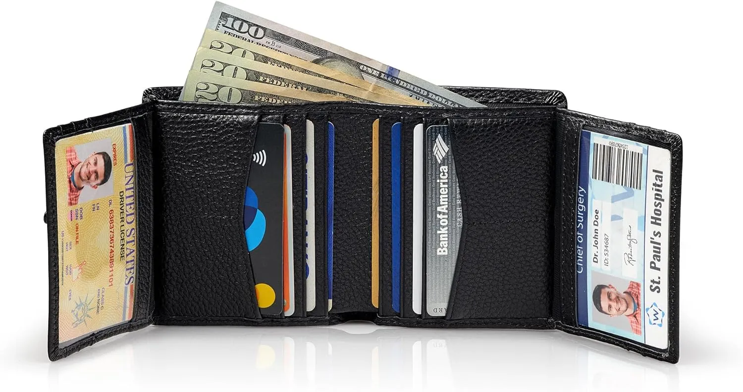 Stealth Mode Quad-Fold Leather Wallet for Men - RFID Mens Wallet with 14 Card Slots, 2 ID Windows, Dual Cash Compartment - Genuine Leather, RFID Blocking Technology, Gift-Ready Packaging (Black)