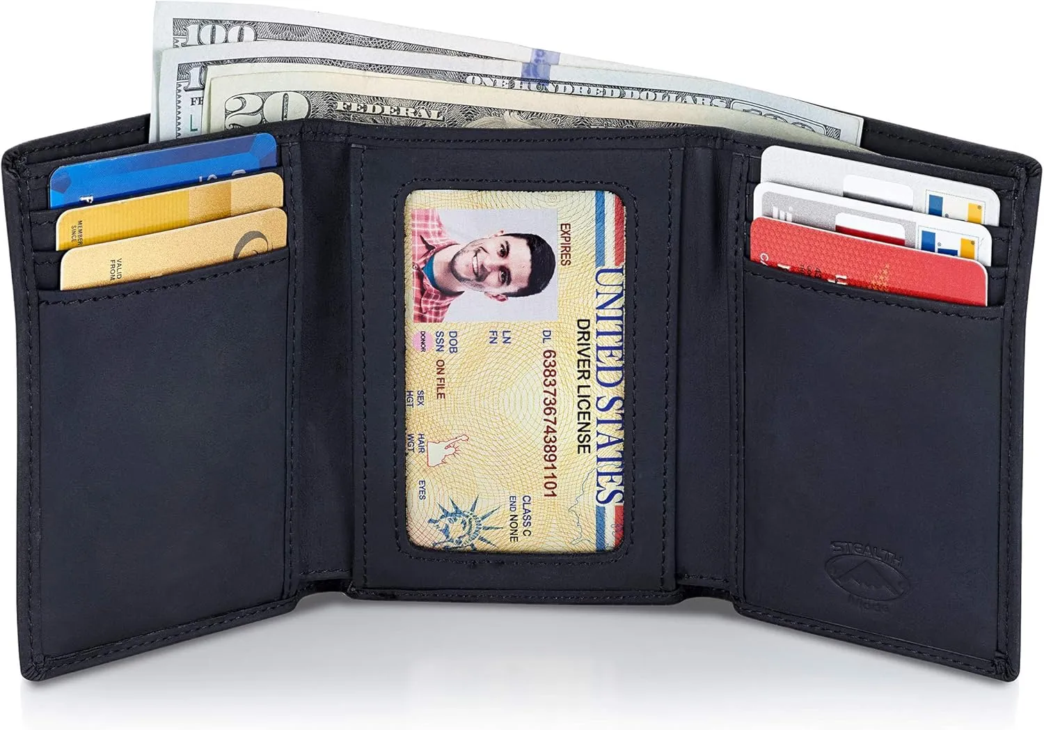 Stealth Mode Trifold Leather Wallet for Men with RFID Blocking