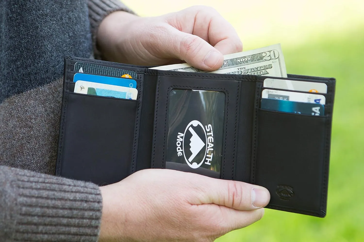 Stealth Mode Trifold Leather Wallet for Men with RFID Blocking