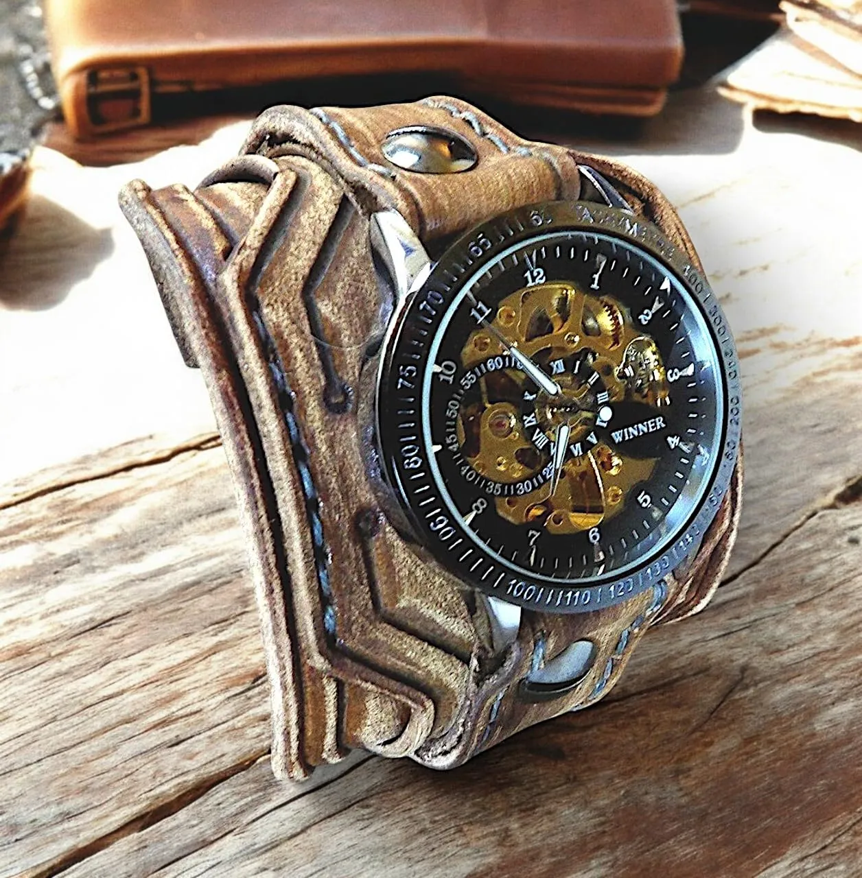 Steampunk Leather Cuff Watch for Men – Handmade Wide Leather Cuff with Skeleton Watch Face – Full Grain Brown Leather, 2.5" Wide, Hand-Stitched Design