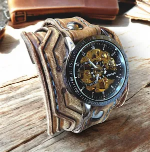 Steampunk Leather Cuff Watch for Men – Handmade Wide Leather Cuff with Skeleton Watch Face – Full Grain Brown Leather, 2.5" Wide, Hand-Stitched Design