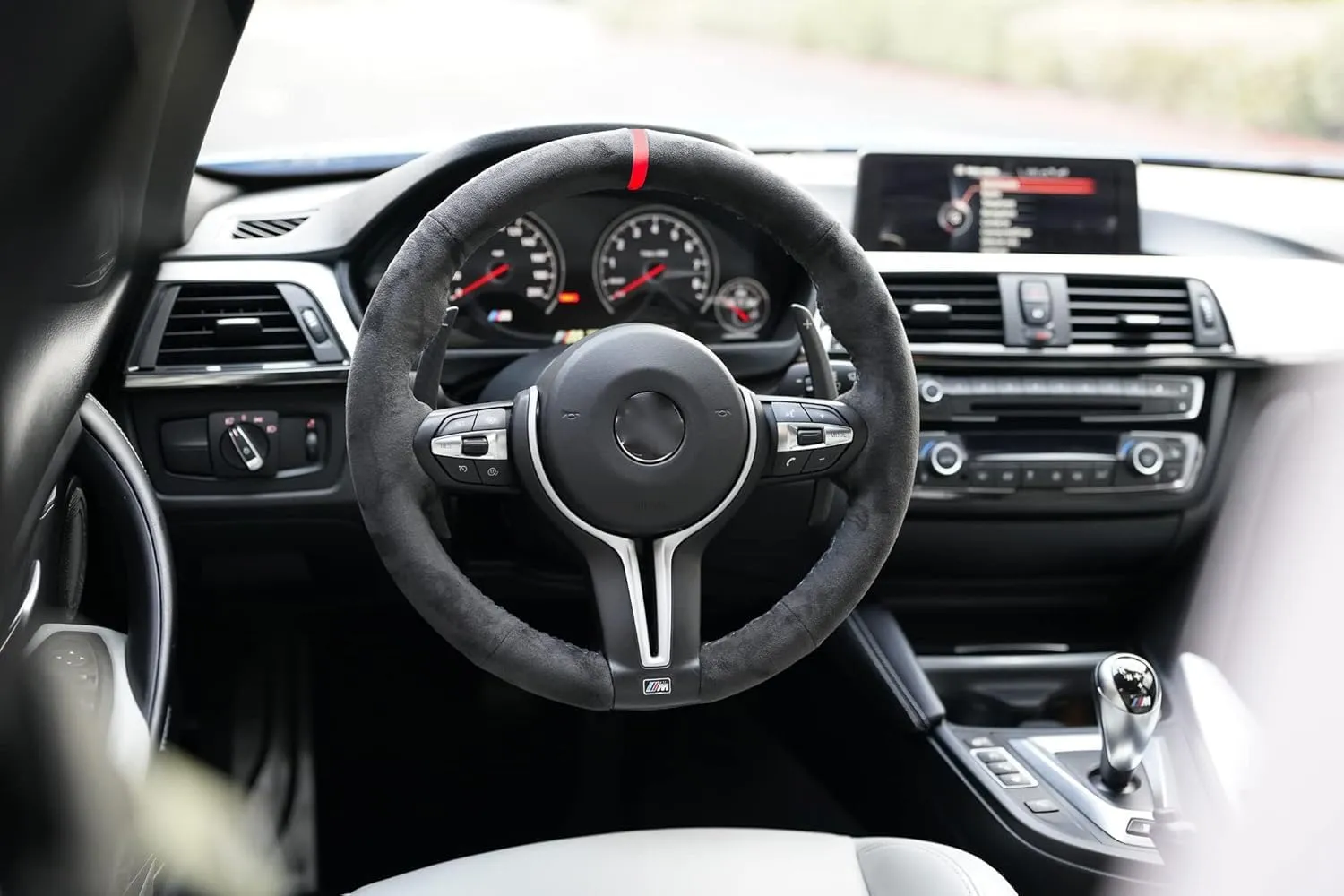 Steering Wheel Cover Black Compatible with Alcantara Material Fits BMW Hand-Stitched Suede F30 F80 F82 M3 M2 M4 M5 M6 F10 F12 F32 X5m X6m 335i 328i 340i 435i 535i (Alcantara with Red Strip)