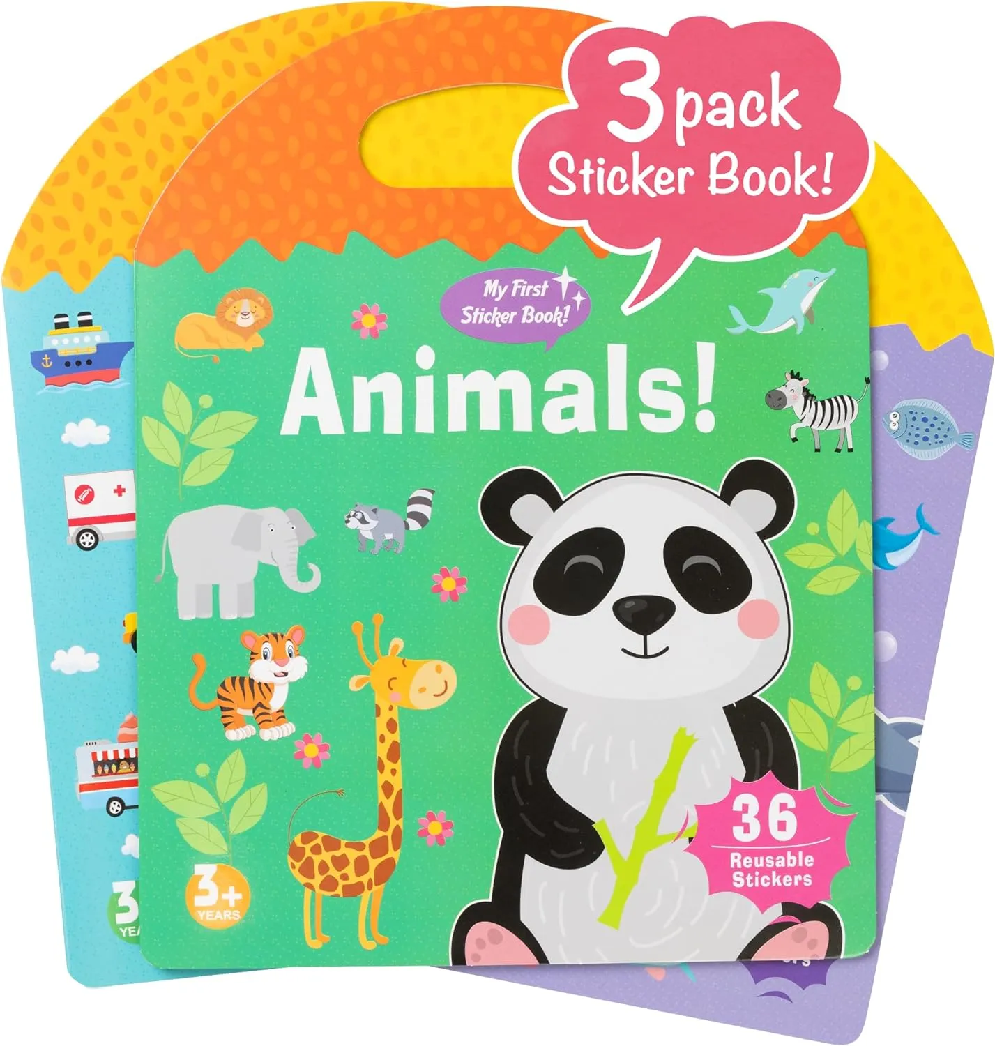Sticker Book for Kids 3-Pack (101 Stickers: Animals, Vehicles, Ocean World) Reusable Puffy Stickers for Kids Perfect for Travel and Learning