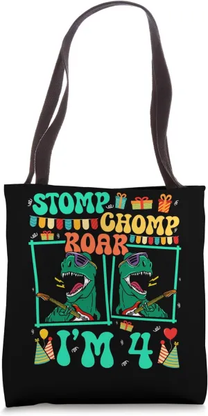 Stomp Chomp Roar I'm 4 Guitar Dinosaur Kid 4th Birthday Tote Bag