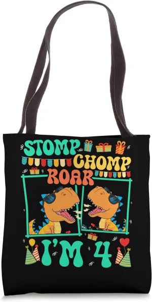 Stomp Chomp Roar I'm 4 Guitar Dinosaur Kid 4th Birthday Tote Bag