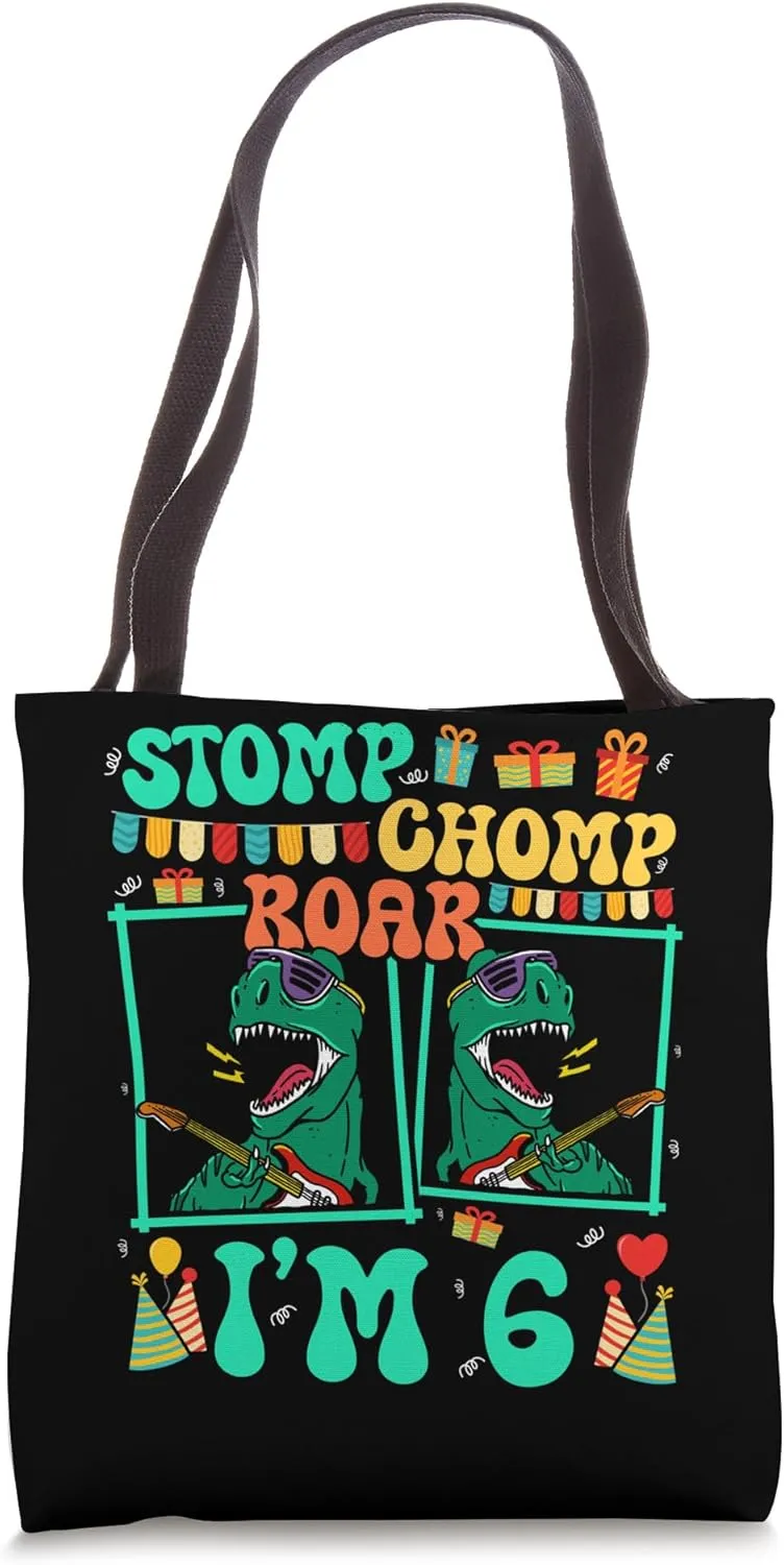 Stomp Chomp Roar I'm 6 Guitar Dinosaur Kid 6th Birthday Tote Bag