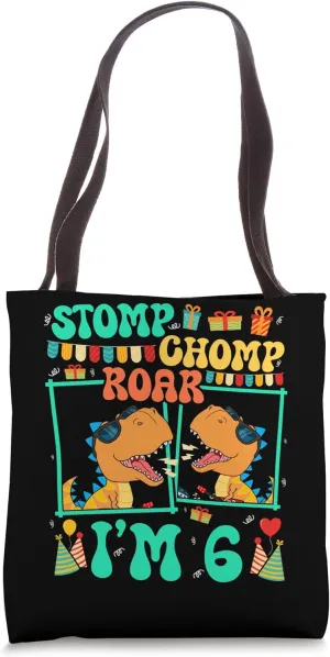 Stomp Chomp Roar I'm 6 Guitar Dinosaur Kid 6th Birthday Tote Bag