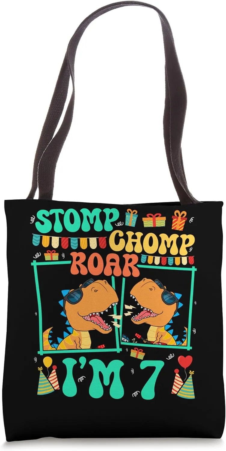 Stomp Chomp Roar I'm 7 Guitar Dinosaur Kid 7th Birthday Tote Bag