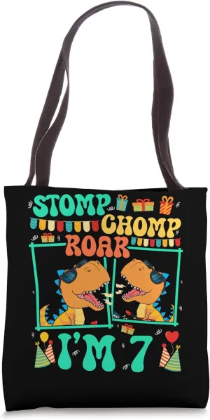 Stomp Chomp Roar I'm 7 Guitar Dinosaur Kid 7th Birthday Tote Bag