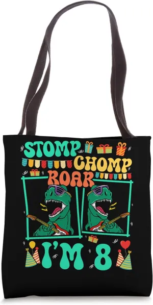 Stomp Chomp Roar I'm 8 Guitar Dinosaur Kid 8th Birthday Tote Bag