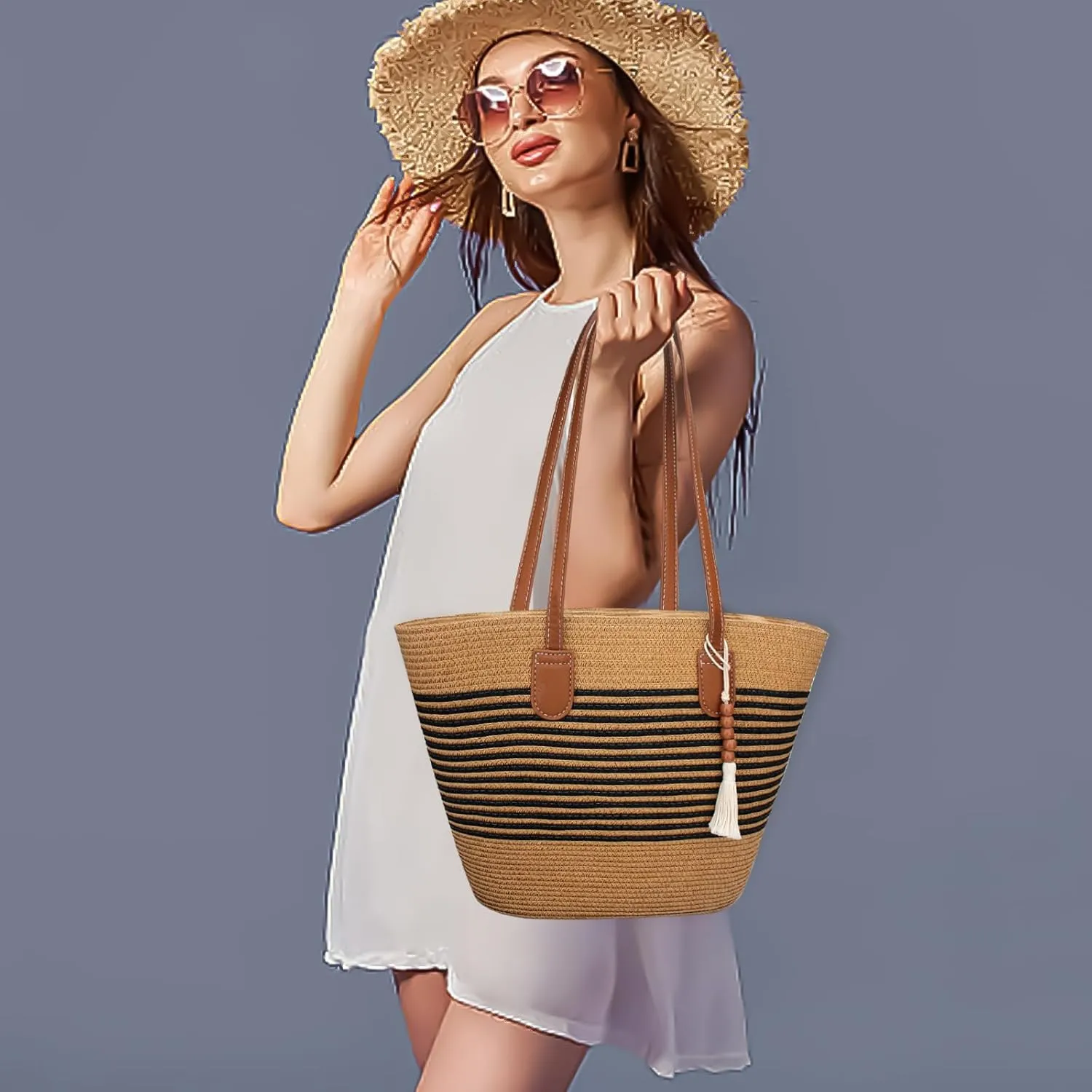 Straw Beach Tote Bag for Women, Large Woven Purse with Zipper for Summer Travel, Beach Vacation Shoulder Bag