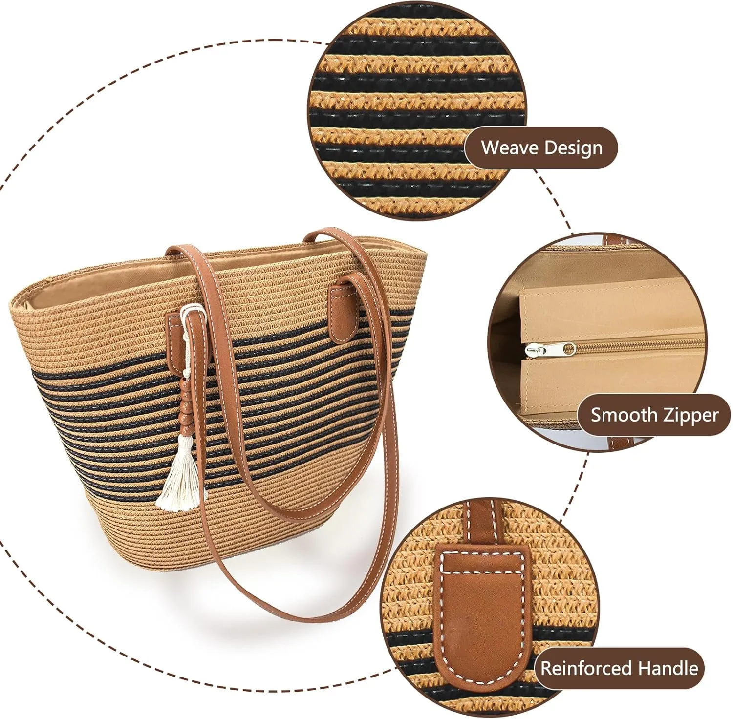 Straw Beach Tote Bag for Women, Large Woven Purse with Zipper for Summer Travel, Beach Vacation Shoulder Bag
