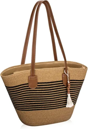 Straw Beach Tote Bag for Women, Large Woven Purse with Zipper for Summer Travel, Beach Vacation Shoulder Bag