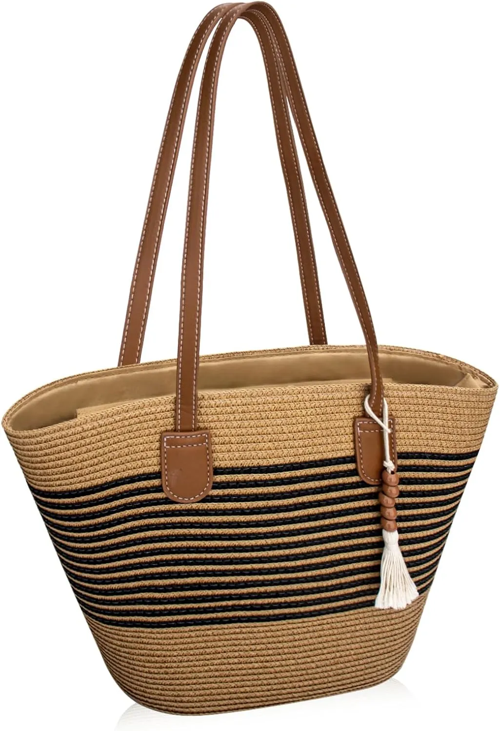 Straw Beach Tote Bag for Women, Large Woven Purse with Zipper for Summer Travel, Beach Vacation Shoulder Bag