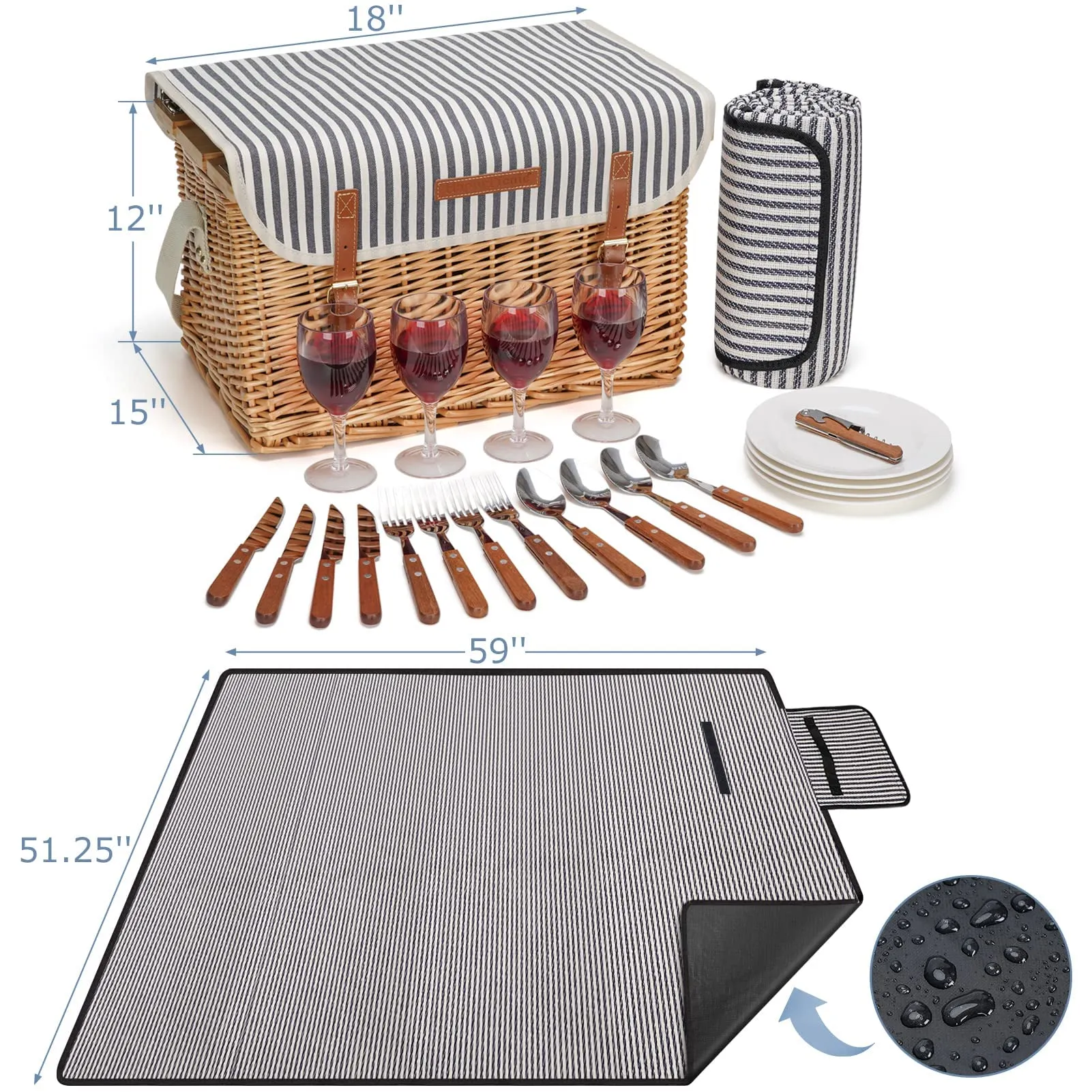 Striped Wicker Picnic Basket Set For 4