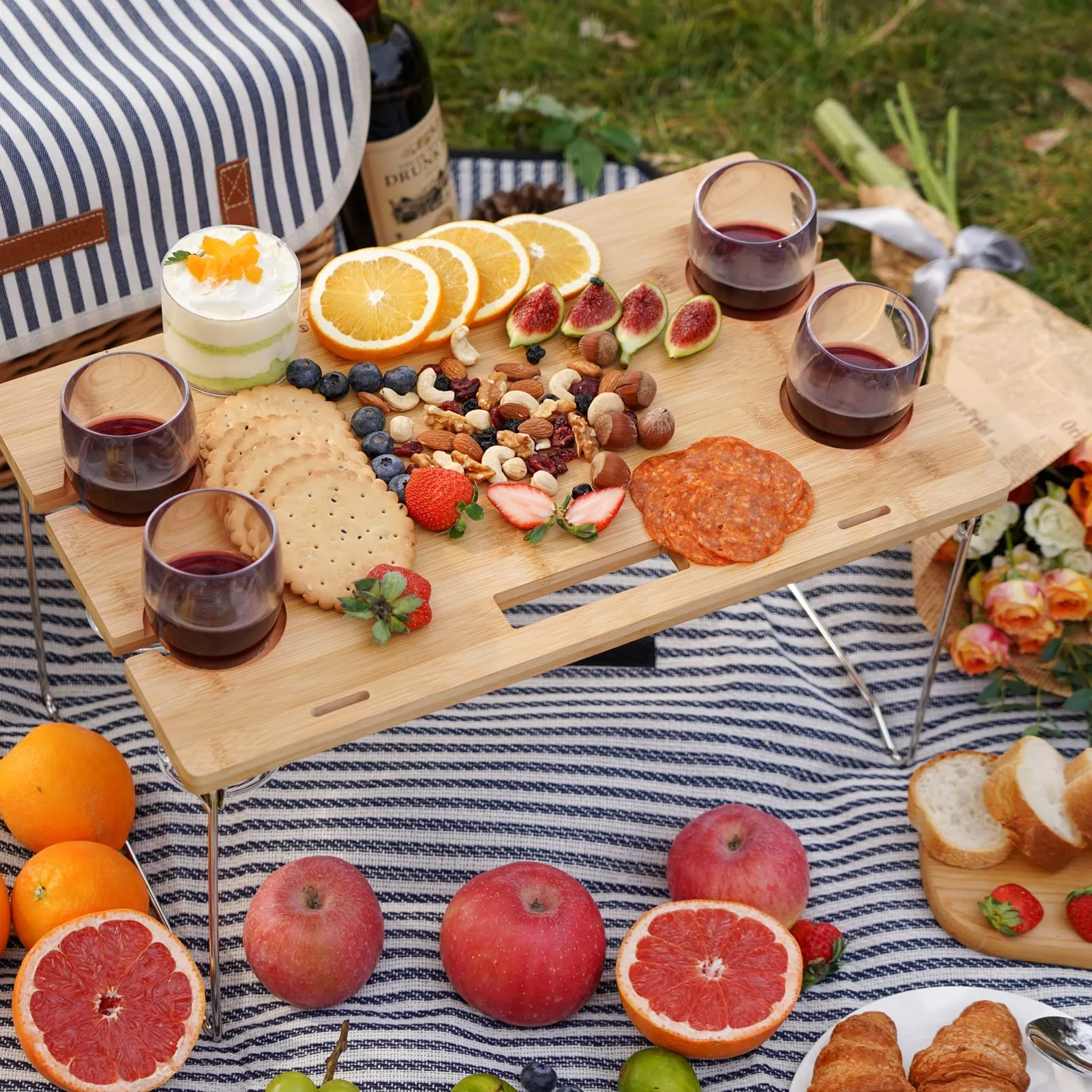 Striped Wicker Picnic Basket Set For 4