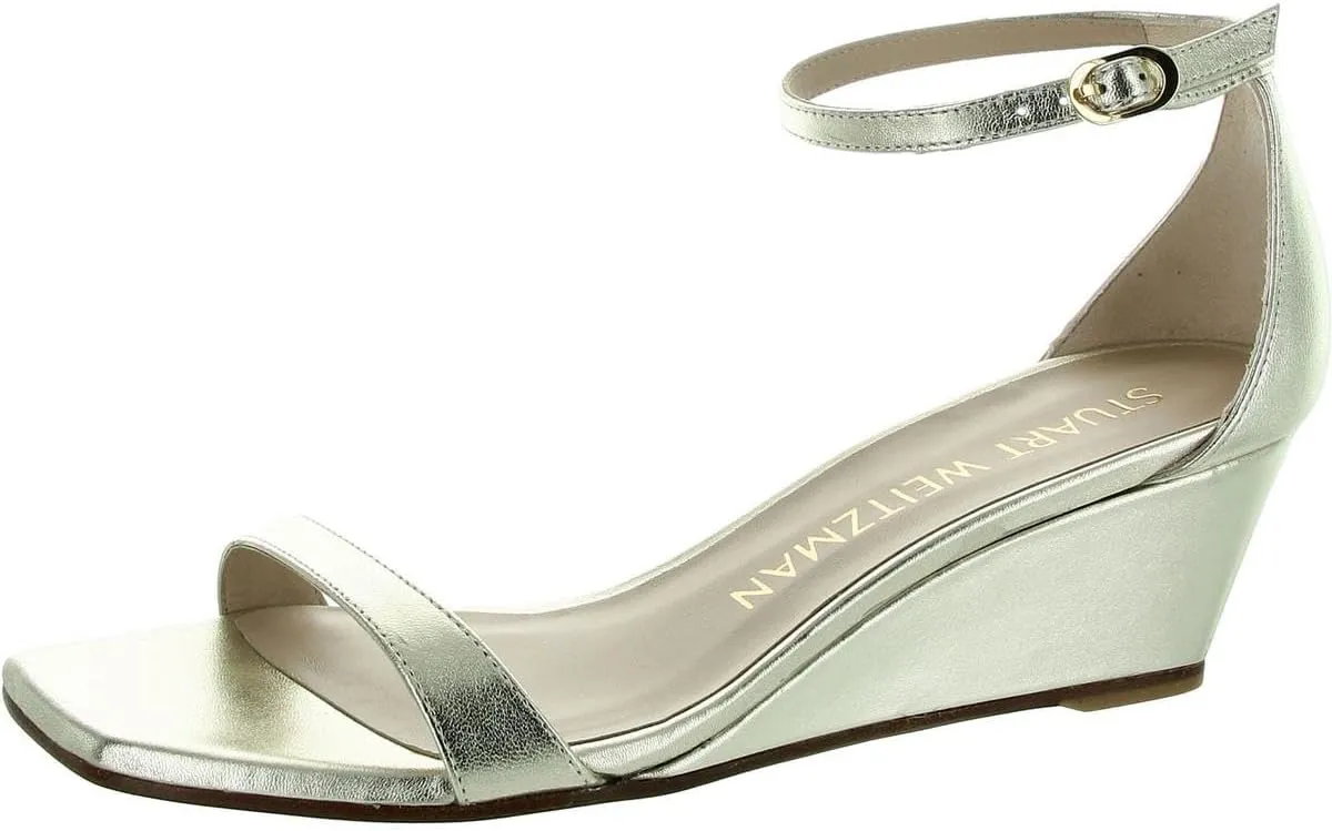 Stuart Weitzman Nudistcurve 50 Wedge Heels for Women - Leather Upper, Square-Toe with Thin Strap, and Adjustable Ankle Strap