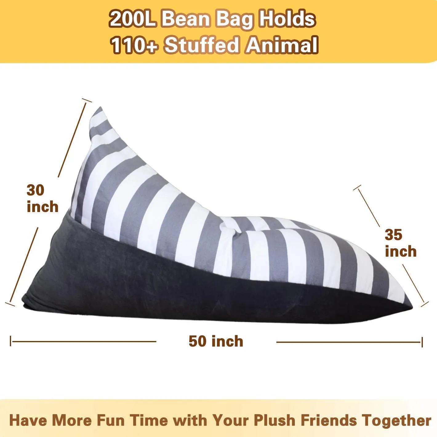 Stuffed Animal Storage Bean Bag Chair for Kids and Adults. Premium Canvas with Luxury Velvet Stuffie Seat - Cover ONLY (Grey 200 L/52 Gal)