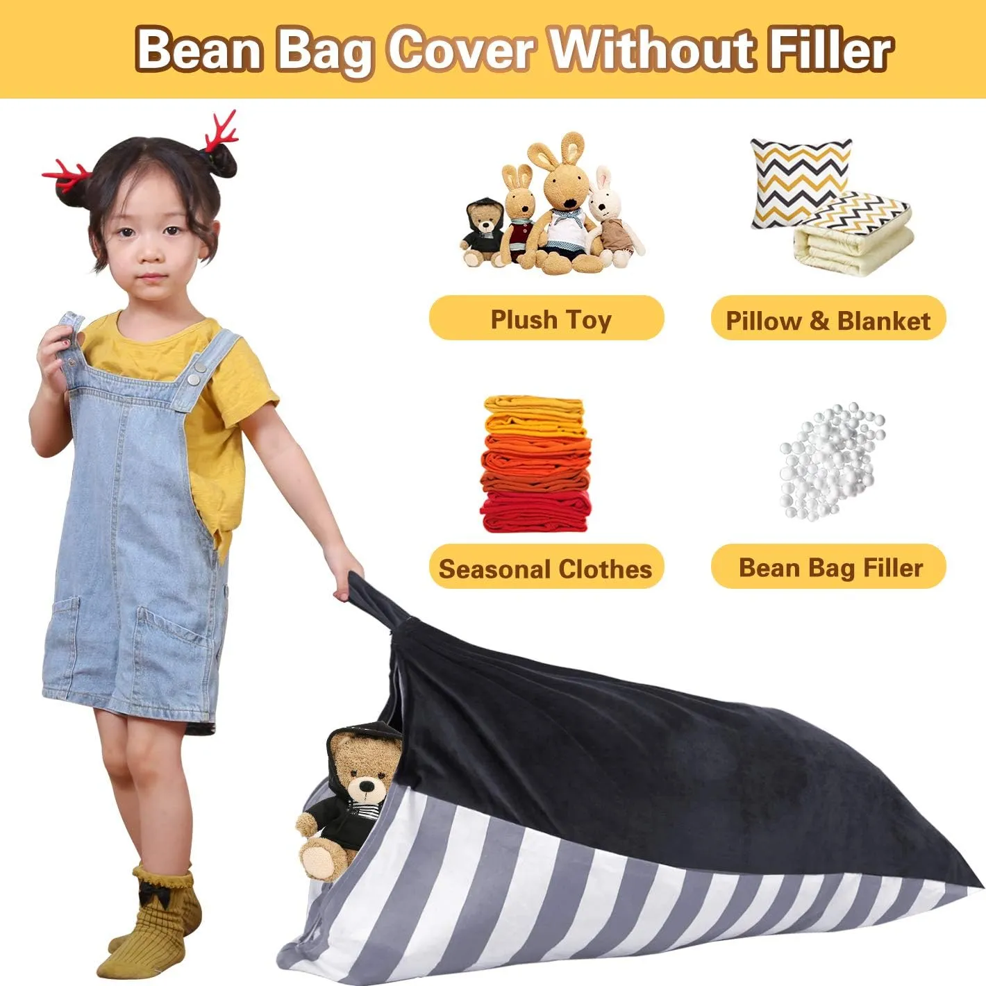Stuffed Animal Storage Bean Bag Chair for Kids and Adults. Premium Canvas with Luxury Velvet Stuffie Seat - Cover ONLY (Grey 200 L/52 Gal)