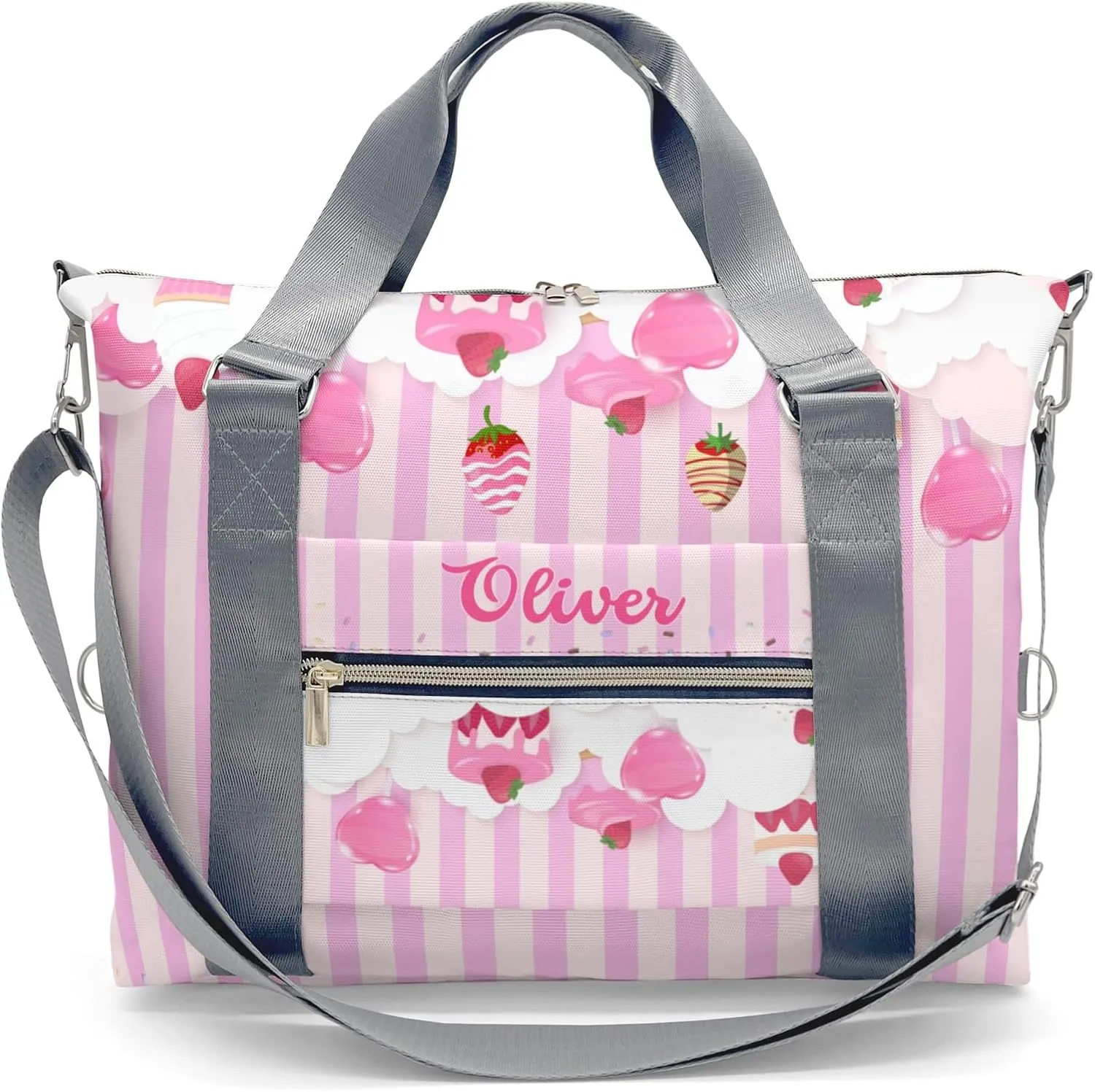 Stweet Strawberry Cake Stripes Personalized Gym Dance Bag for Girls Boys,Custom Name Sport Duffel Bag Weekender Bags Carry On Travel Duffel Bag