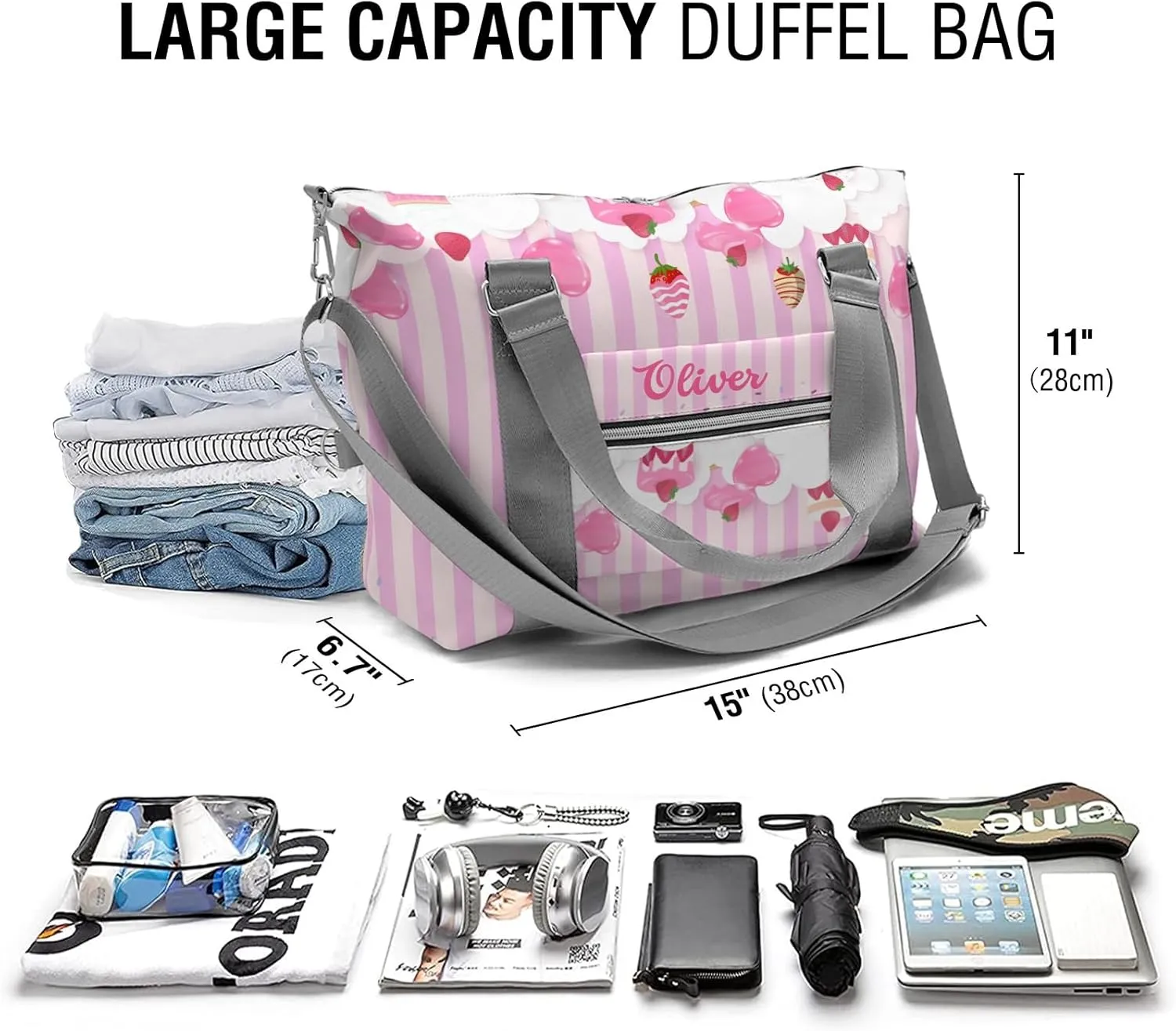 Stweet Strawberry Cake Stripes Personalized Gym Dance Bag for Girls Boys,Custom Name Sport Duffel Bag Weekender Bags Carry On Travel Duffel Bag