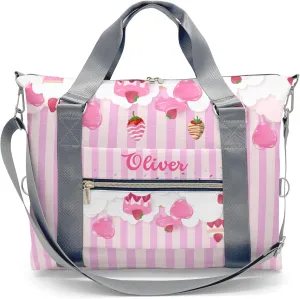 Stweet Strawberry Cake Stripes Personalized Gym Dance Bag for Girls Boys,Custom Name Sport Duffel Bag Weekender Bags Carry On Travel Duffel Bag