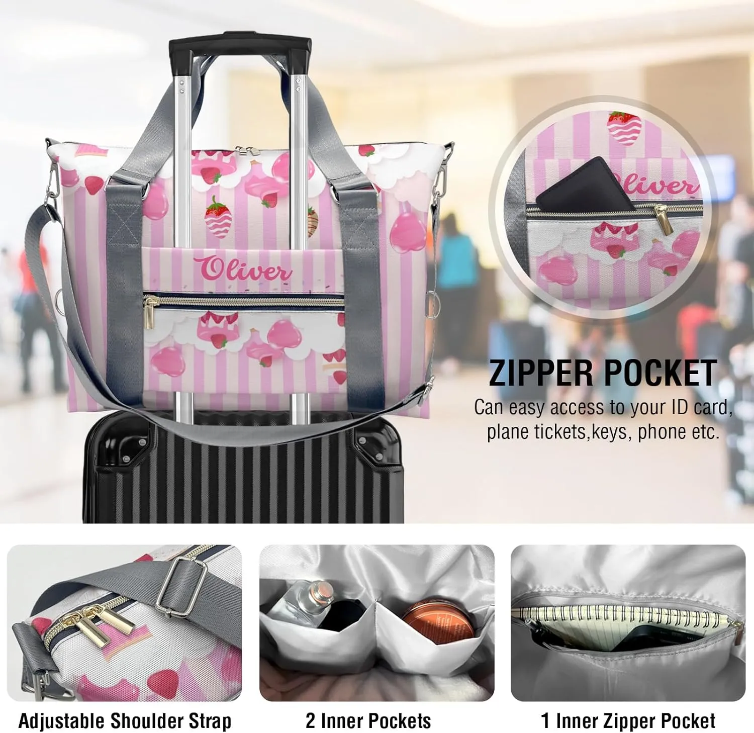 Stweet Strawberry Cake Stripes Personalized Gym Dance Bag for Girls Boys,Custom Name Sport Duffel Bag Weekender Bags Carry On Travel Duffel Bag