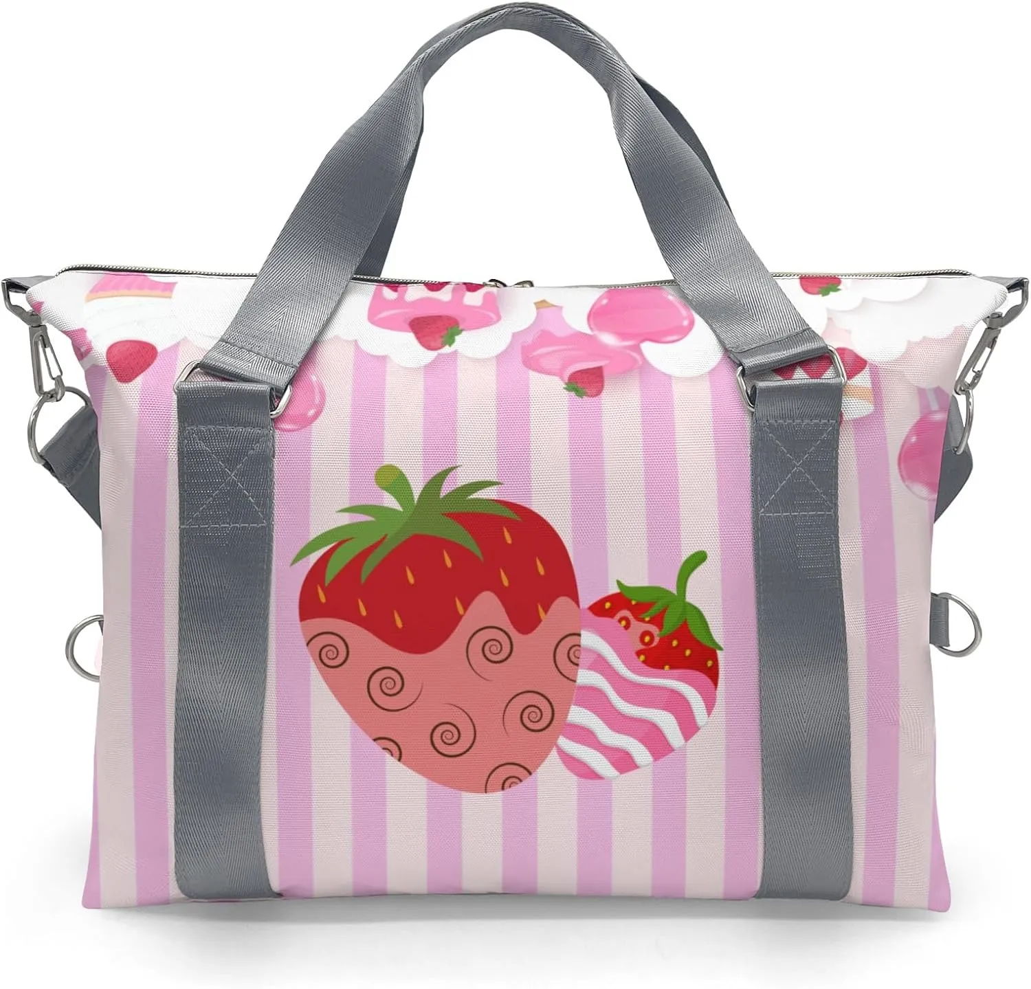 Stweet Strawberry Cake Stripes Personalized Gym Dance Bag for Girls Boys,Custom Name Sport Duffel Bag Weekender Bags Carry On Travel Duffel Bag
