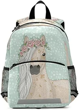 SUABO Horse Flowers Kids Backpack, Pony Toddlers Bag for Boys Girls, Kindergarten Preschool Bag
