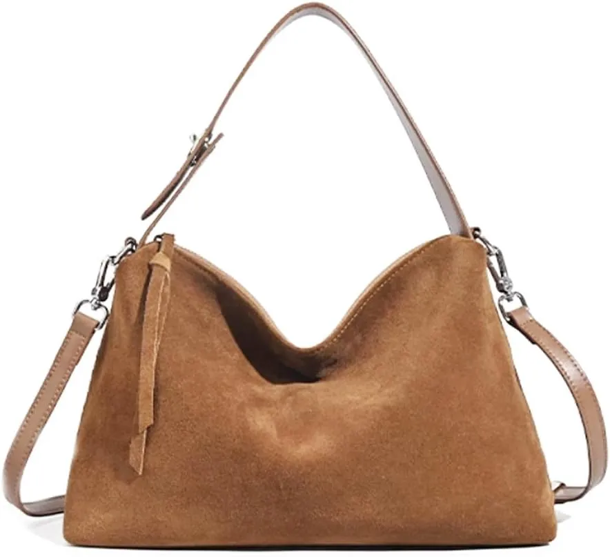 Suede Tote Bags for Women Genuine Leather Suede Purse Handbag Vintage Slouchy Hobo Shoulder Crossbody Bag