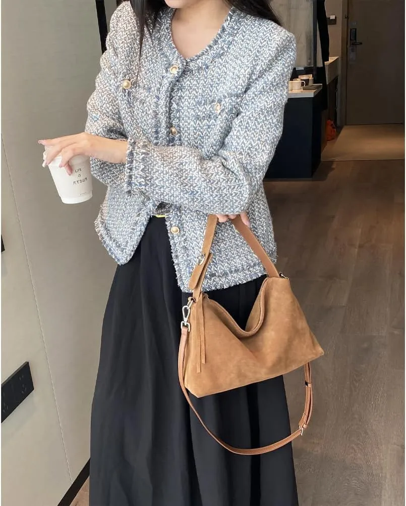Suede Tote Bags for Women Genuine Leather Suede Purse Handbag Vintage Slouchy Hobo Shoulder Crossbody Bag