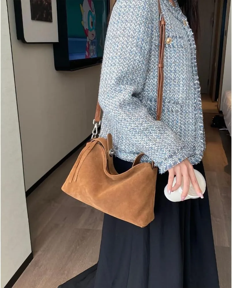 Suede Tote Bags for Women Genuine Leather Suede Purse Handbag Vintage Slouchy Hobo Shoulder Crossbody Bag